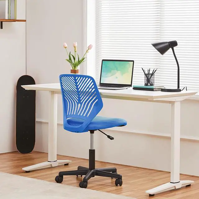 Alt view image 3 of 7 - Yaheetech Students Desk Chair Low-Back Armless Study Chair Swivel Task Chair Cute Bedroom Chair with Lumbar Support Adjustable Height for Youth, Blue