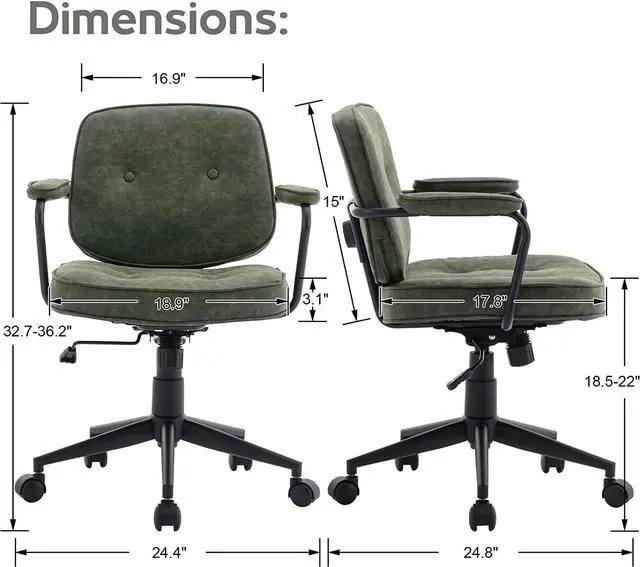 Alt view image 2 of 7 - LukeAlon Adjustable Pu Leather Office Chair, Comfy 360°Swivel Task Chair with Armrest Modern Thickened Seat Desk Chair Tiltable Computer Chair with Button Tufted for Home Office, Green