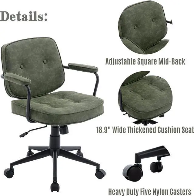 Alt view image 4 of 7 - LukeAlon Adjustable Pu Leather Office Chair, Comfy 360°Swivel Task Chair with Armrest Modern Thickened Seat Desk Chair Tiltable Computer Chair with Button Tufted for Home Office, Green