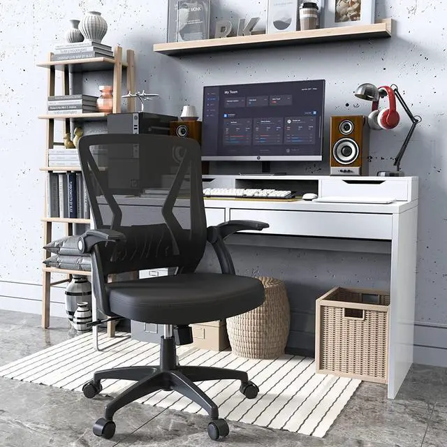 Alt view image 3 of 4 - Qoroos Mesh Office Chair Ergonomic Mid Back Swivel Black Mesh Desk Chair Flip Up Arms with Lumbar Support Computer Chair Adjustable Height Task Chairs