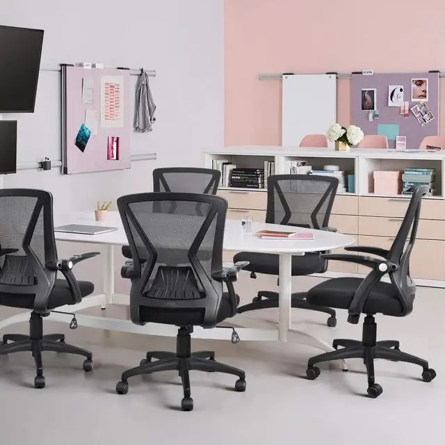 Alt view image 4 of 4 - Qoroos Mesh Office Chair Ergonomic Mid Back Swivel Black Mesh Desk Chair Flip Up Arms with Lumbar Support Computer Chair Adjustable Height Task Chairs