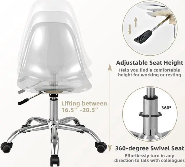 Alt view image 4 of 7 - Giantex Acrylic Desk Chair, Clear Armless Office Rolling Chair, Height Adjustable Leisure Ghost Chair w/Chromed Base, Modern Cute Vanity Chair, Swivel Computer Chair for Home Office