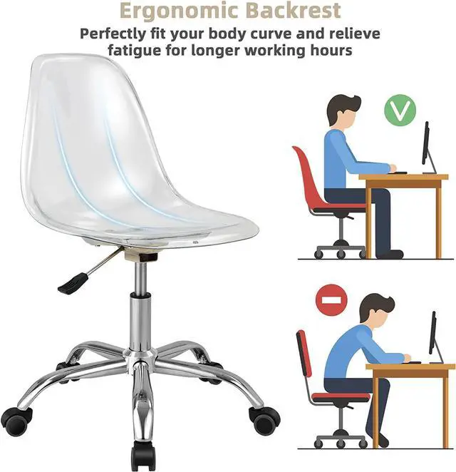 Alt view image 6 of 7 - Giantex Acrylic Desk Chair, Clear Armless Office Rolling Chair, Height Adjustable Leisure Ghost Chair w/Chromed Base, Modern Cute Vanity Chair, Swivel Computer Chair for Home Office