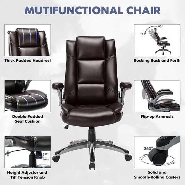 Alt view image 6 of 7 - Executive Office Chair High Back-Ergonomic Desk Chair Bonded Leather Computer Chair with Flip-up Arms, Adjustable Tilt Tension, Padded Armrests, Swivel Rolling Home Office Desk Chair-Brown, 300lbs