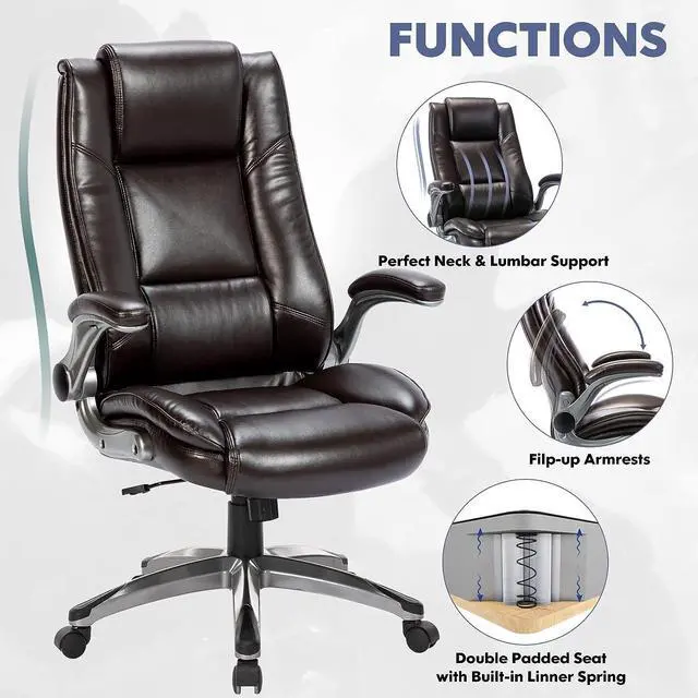 Alt view image 5 of 7 - Executive Office Chair High Back-Ergonomic Desk Chair Bonded Leather Computer Chair with Flip-up Arms, Adjustable Tilt Tension, Padded Armrests, Swivel Rolling Home Office Desk Chair-Brown, 300lbs