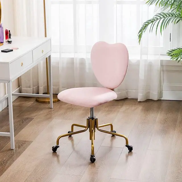 Alt view image 2 of 7 - Wahson Velvet Upholstered Cute Home Office Desk Chair Armless, Modern Comfy Office Swivel Fabric Vanity Makeup Chair with Heart Shape Back, for Living Room, Bedroom, Rose Pink