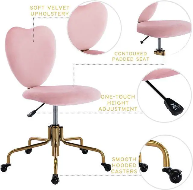 Alt view image 4 of 7 - Wahson Velvet Upholstered Cute Home Office Desk Chair Armless, Modern Comfy Office Swivel Fabric Vanity Makeup Chair with Heart Shape Back, for Living Room, Bedroom, Rose Pink