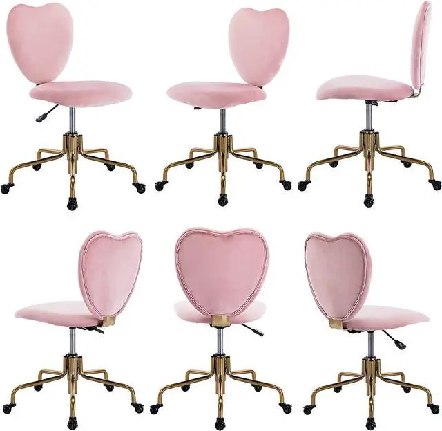 Alt view image 5 of 7 - Wahson Velvet Upholstered Cute Home Office Desk Chair Armless, Modern Comfy Office Swivel Fabric Vanity Makeup Chair with Heart Shape Back, for Living Room, Bedroom, Rose Pink