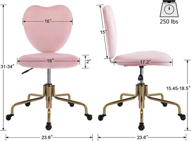 Alt view image 3 of 7 - Wahson Velvet Upholstered Cute Home Office Desk Chair Armless, Modern Comfy Office Swivel Fabric Vanity Makeup Chair with Heart Shape Back, for Living Room, Bedroom, Rose Pink