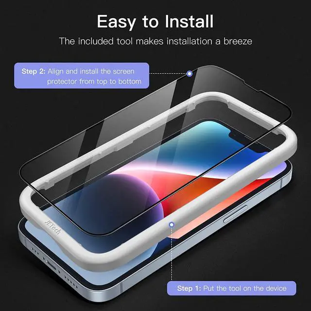 Alt view image 4 of 7 - JETech Full Coverage Screen Protector for iPhone 14 6.1-Inch, Black Edge Tempered Glass Film with Easy Installation Tool, Case-Friendly, HD Clear, 3-Pack