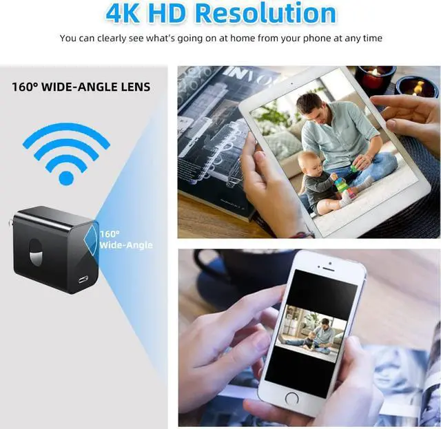 Alt view image 2 of 7 - 4K Spy Camera Hidden Camera Supports 2.4G&5GHz WiFi, Small Mini Camera, Nanny Cam Hidden Camera with Human Detection, Night Vision, 160°Wide View-Angle, Type C Spy Camera Charger for Home Security