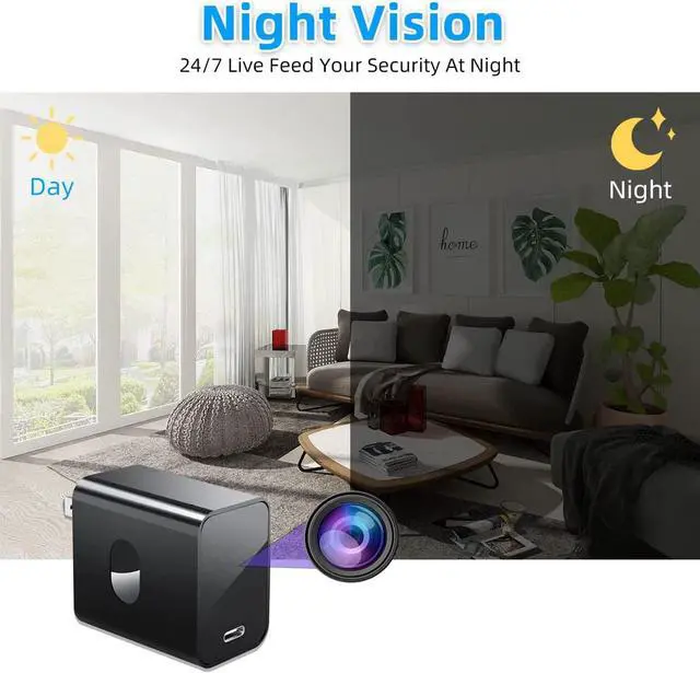 Alt view image 3 of 7 - 4K Spy Camera Hidden Camera Supports 2.4G&5GHz WiFi, Small Mini Camera, Nanny Cam Hidden Camera with Human Detection, Night Vision, 160°Wide View-Angle, Type C Spy Camera Charger for Home Security