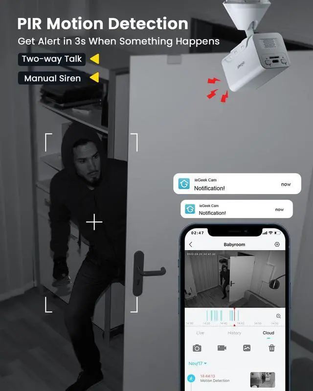 Alt view image 3 of 7 - ieGeek Wireless Indoor Cameras for Home Security, Mini Battery WiFi Camera Indoor 1080P, 2-Way Audio, Motion Sensor Alarm, Phone APP, for House/Baby Monitor/Pet Camera,Compatible with Alexa, 2 Pack