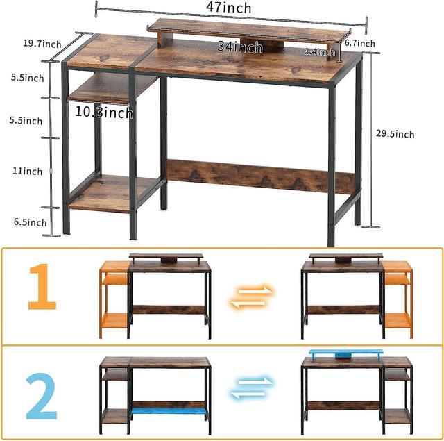 MINOSYS Gaming/Computer Desk - 47” Home Office Small Desk with Monitor Stand, Rustic Writing Desk for 2 Monitors, Adjustable Sto