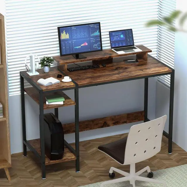 Alt view image 2 of 7 - Gaming/Computer Desk - 47 Home Office Small Desk with Monitor Stand, Rustic Writing Desk for 2 Monitors, Adjustable Storage Space, Modern Design Corner Table.