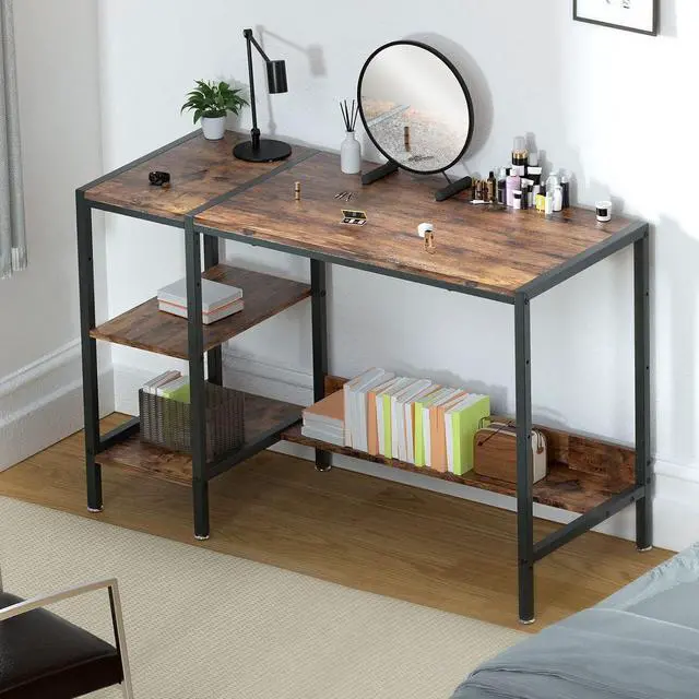 Alt view image 4 of 7 - Gaming/Computer Desk - 47 Home Office Small Desk with Monitor Stand, Rustic Writing Desk for 2 Monitors, Adjustable Storage Space, Modern Design Corner Table.