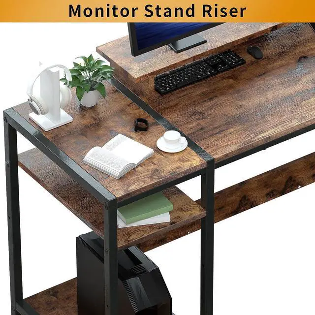 Alt view image 6 of 7 - Gaming/Computer Desk - 47 Home Office Small Desk with Monitor Stand, Rustic Writing Desk for 2 Monitors, Adjustable Storage Space, Modern Design Corner Table.