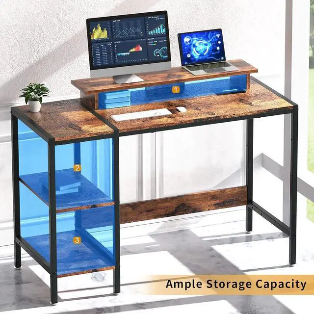 Alt view image 7 of 7 - Gaming/Computer Desk - 47 Home Office Small Desk with Monitor Stand, Rustic Writing Desk for 2 Monitors, Adjustable Storage Space, Modern Design Corner Table.