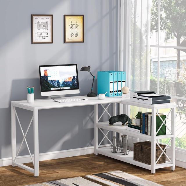 Tribesigns Reversible L Shaped Computer Desk with Monitor Stand, 69 inch Large Corner Desk with Storage Shelf, Industrial Computer Table Writing Desk