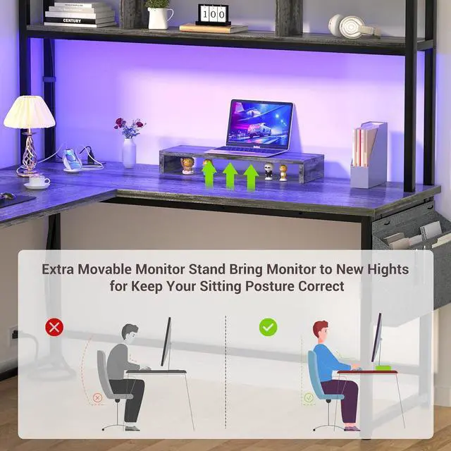 Alt view image 4 of 7 - Aheaplus L Shaped Desk with Power Outlet & LED Strip, Reversible L-Shaped Corner Computer Desks Gaming Desk with Storage Shelf & Monitor Stand, Modern 2 Person Home Office Desk Writing Desk, Grey Oak