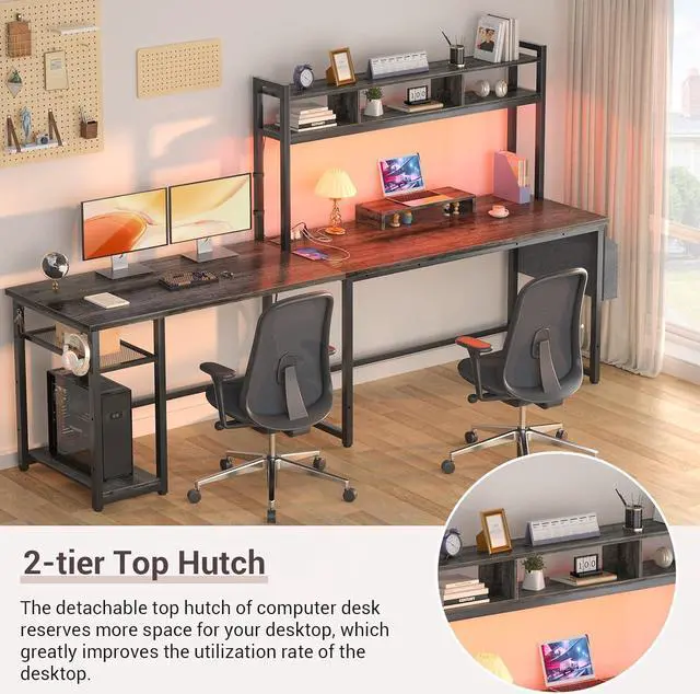 Alt view image 5 of 7 - Aheaplus L Shaped Desk with Power Outlet & LED Strip, Reversible L-Shaped Corner Computer Desks Gaming Desk with Storage Shelf & Monitor Stand, Modern 2 Person Home Office Desk Writing Desk, Grey Oak