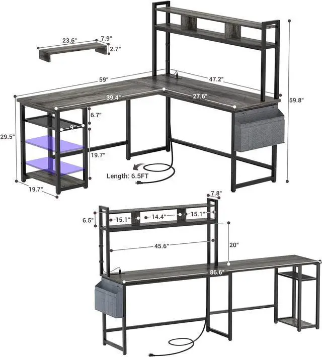 Alt view image 7 of 7 - Aheaplus L Shaped Desk with Power Outlet & LED Strip, Reversible L-Shaped Corner Computer Desks Gaming Desk with Storage Shelf & Monitor Stand, Modern 2 Person Home Office Desk Writing Desk, Grey Oak