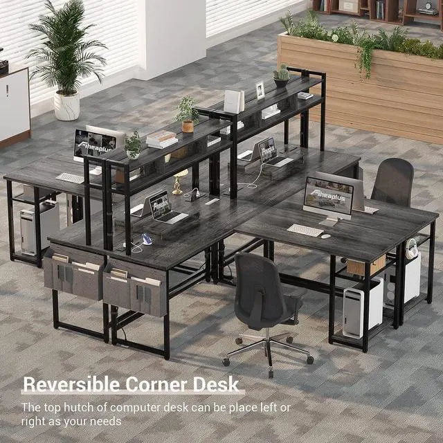 Alt view image 6 of 7 - Aheaplus L Shaped Desk with Power Outlet & LED Strip, Reversible L-Shaped Corner Computer Desks Gaming Desk with Storage Shelf & Monitor Stand, Modern 2 Person Home Office Desk Writing Desk, Grey Oak