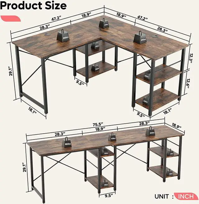 Alt view image 2 of 7 - Bestier L Shaped Computer Desk, Reversible Corner Office Desk with Shelves, 75 Inch 2 Person Long Desk, Writing Study Table for Home Office Bedroom Small Space Apartment (Rustic Brown)