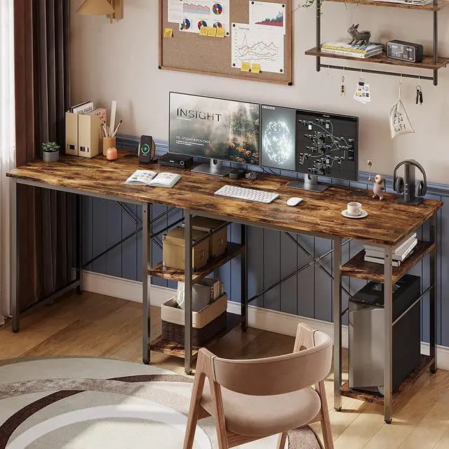 Alt view image 4 of 7 - Bestier L Shaped Computer Desk, Reversible Corner Office Desk with Shelves, 75 Inch 2 Person Long Desk, Writing Study Table for Home Office Bedroom Small Space Apartment (Rustic Brown)