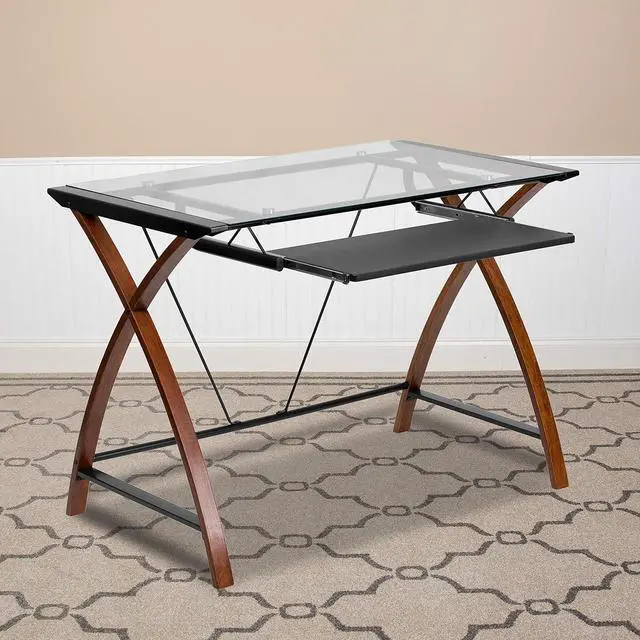 Alt view image 2 of 6 - Flash Furniture Jude Tempered Glass Computer Desk with Pull-Out Keyboard Tray and Crisscross Frame, Small Computer Desk for Home Office, Cherry/Clear