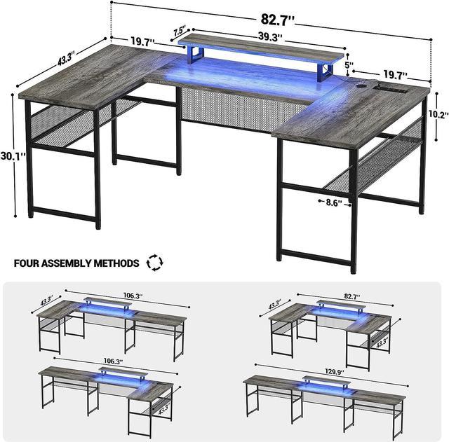 Unikito L Shaped Desk with LED Light and Power Outlet, Reversible