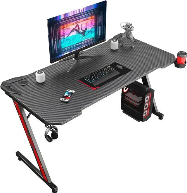 Main image of Homall Gaming Desk Computer Desk Gaming Table Z Shaped Pc Gaming Workstation Home Office Desk with Carbon Fiber Surface Cup Holder and Headphone Hook (Black, 55 Inch)