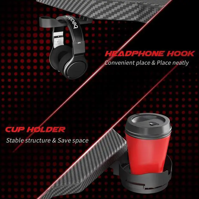Alt view image 5 of 7 - Homall Gaming Desk Computer Desk Gaming Table Z Shaped Pc Gaming Workstation Home Office Desk with Carbon Fiber Surface Cup Holder and Headphone Hook (Black, 55 Inch)