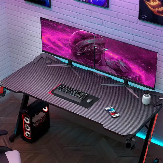 Alt view image 2 of 7 - Homall Gaming Desk Computer Desk Gaming Table Z Shaped Pc Gaming Workstation Home Office Desk with Carbon Fiber Surface Cup Holder and Headphone Hook (Black, 55 Inch)