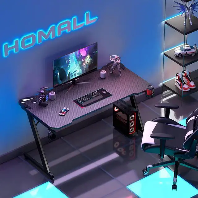 Alt view image 7 of 7 - Homall Gaming Desk Computer Desk Gaming Table Z Shaped Pc Gaming Workstation Home Office Desk with Carbon Fiber Surface Cup Holder and Headphone Hook (Black, 55 Inch)