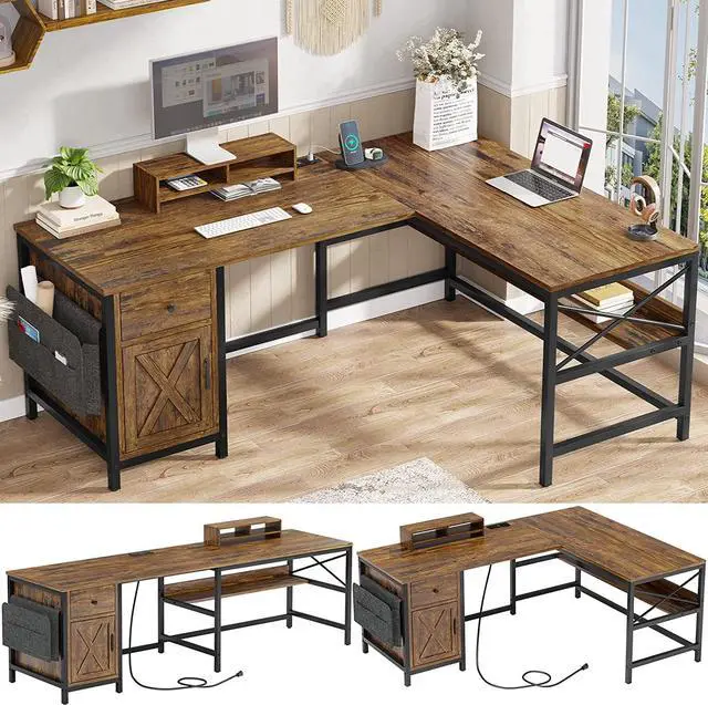 Main image of 63" L Shaped Desk, Convertible Long Home Office Desk or Corner Desk, Office Computer Desk with Drawer, Power Strip, Storage Cabinet & Monitor Stand for Home Office, Rustic Brown