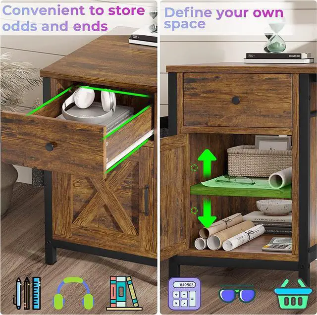 Alt view image 5 of 7 - 63" L Shaped Desk, Convertible Long Home Office Desk or Corner Desk, Office Computer Desk with Drawer, Power Strip, Storage Cabinet & Monitor Stand for Home Office, Rustic Brown