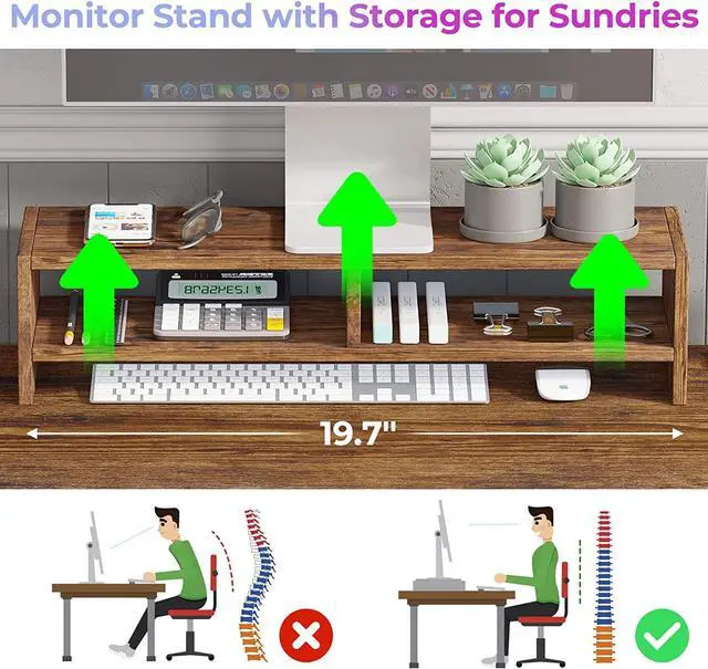 Alt view image 6 of 7 - 63" L Shaped Desk, Convertible Long Home Office Desk or Corner Desk, Office Computer Desk with Drawer, Power Strip, Storage Cabinet & Monitor Stand for Home Office, Rustic Brown