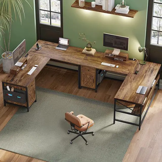 Alt view image 2 of 7 - 63" L Shaped Desk, Convertible Long Home Office Desk or Corner Desk, Office Computer Desk with Drawer, Power Strip, Storage Cabinet & Monitor Stand for Home Office, Rustic Brown