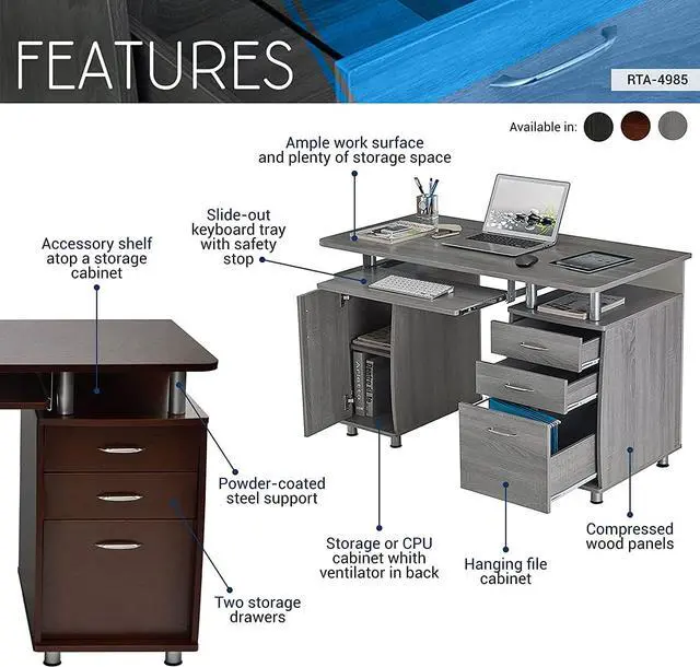 Alt view image 4 of 7 - Techni Mobili 47.25" Ergonomic Computer Drawers & File Cabinet for Home Office Storage, Espresso Writing Desk