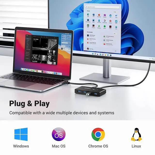 Alt view image 4 of 7 - UGREEN USB 3.0 Switch Selector 2 Computers Share 4 USB 3.0 Ports KVM Switcher USB for PC Laptop Keyboard Mouse Printer Scanner One Button Switch Adapter with 2 Pack USB 3.0 Cables