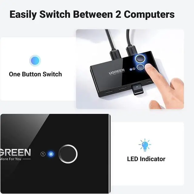 Alt view image 5 of 7 - UGREEN USB 3.0 Switch Selector 2 Computers Share 4 USB 3.0 Ports KVM Switcher USB for PC Laptop Keyboard Mouse Printer Scanner One Button Switch Adapter with 2 Pack USB 3.0 Cables