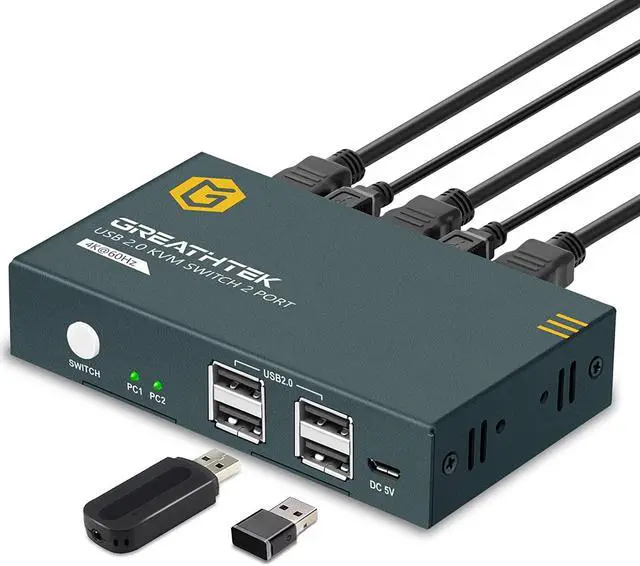 Main image of KVM Switches 2 Port 4K@60Hz,  KVM Switch HDMI Share USB 2.0 Devices with 4 USB Hubs, 2 Computers 1 Monitor Share Keyboard Mouse Printer, Button Switch, Plug and Play