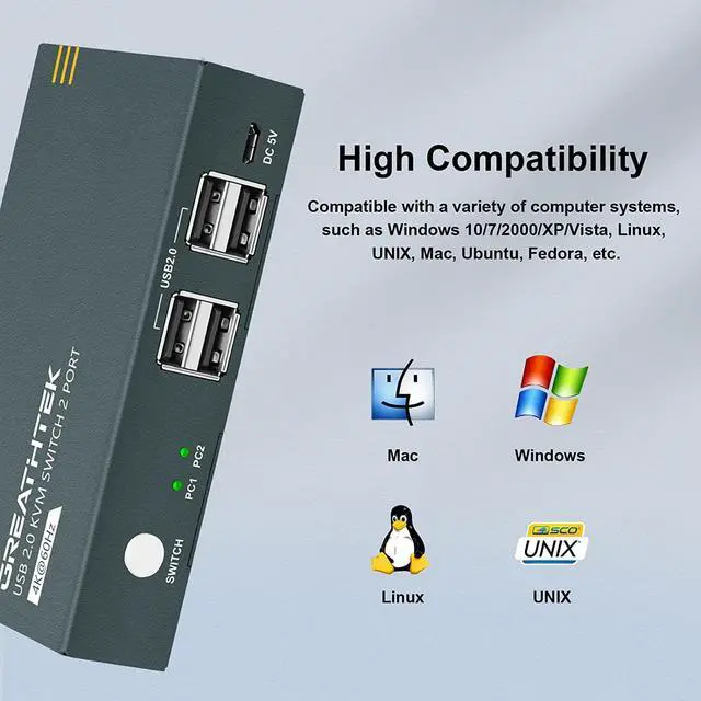 Alt view image 5 of 7 - KVM Switches 2 Port 4K@60Hz,  KVM Switch HDMI Share USB 2.0 Devices with 4 USB Hubs, 2 Computers 1 Monitor Share Keyboard Mouse Printer, Button Switch, Plug and Play