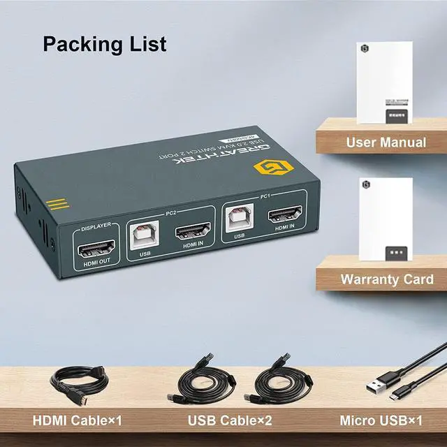 Alt view image 7 of 7 - KVM Switches 2 Port 4K@60Hz,  KVM Switch HDMI Share USB 2.0 Devices with 4 USB Hubs, 2 Computers 1 Monitor Share Keyboard Mouse Printer, Button Switch, Plug and Play
