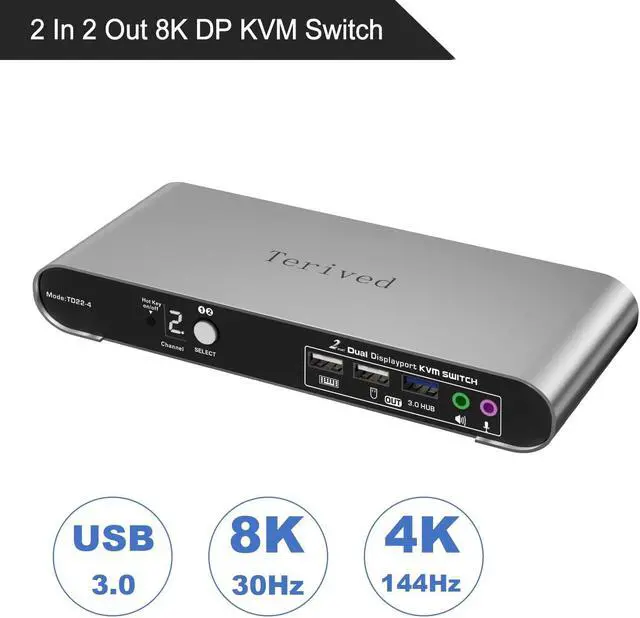 Alt view image 2 of 7 - Terived 2 Port DP USB 3.0 KVM Switch Dual Monitor Two Computers Two DisplayPort Monitors switcher, 8K@30Hz 4K@144Hz, Aluminum hotkey Audio mic, Digital Display, HDR10 with Cables