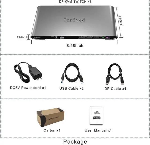 Alt view image 5 of 7 - Terived 2 Port DP USB 3.0 KVM Switch Dual Monitor Two Computers Two DisplayPort Monitors switcher, 8K@30Hz 4K@144Hz, Aluminum hotkey Audio mic, Digital Display, HDR10 with Cables