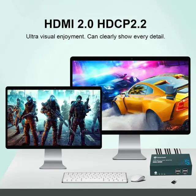 Alt view image 2 of 7 - Steetek Dual Monitor KVM Switch HDMI 2 Port, KVM Switch 2 Monitors 2 Computers 4K@60Hz (YUV4:4:4), HDMI KVM Switch 2 in 2 Out, Button Switch and Hotkey Switch, with 4 HDMI and 2 USB Cable