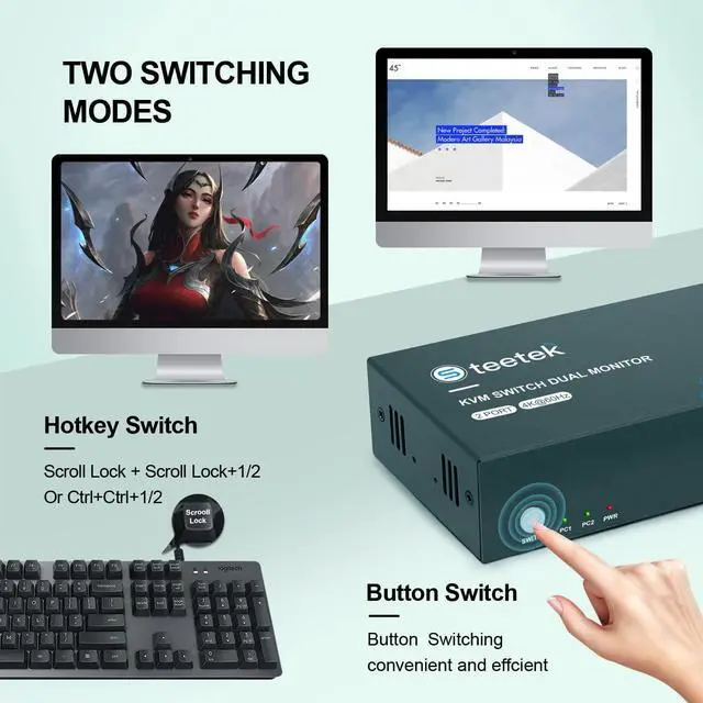 Alt view image 4 of 7 - Steetek Dual Monitor KVM Switch HDMI 2 Port, KVM Switch 2 Monitors 2 Computers 4K@60Hz (YUV4:4:4), HDMI KVM Switch 2 in 2 Out, Button Switch and Hotkey Switch, with 4 HDMI and 2 USB Cable