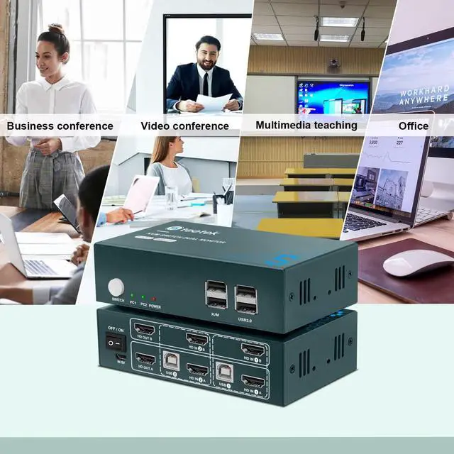 Alt view image 5 of 7 - Steetek Dual Monitor KVM Switch HDMI 2 Port, KVM Switch 2 Monitors 2 Computers 4K@60Hz (YUV4:4:4), HDMI KVM Switch 2 in 2 Out, Button Switch and Hotkey Switch, with 4 HDMI and 2 USB Cable